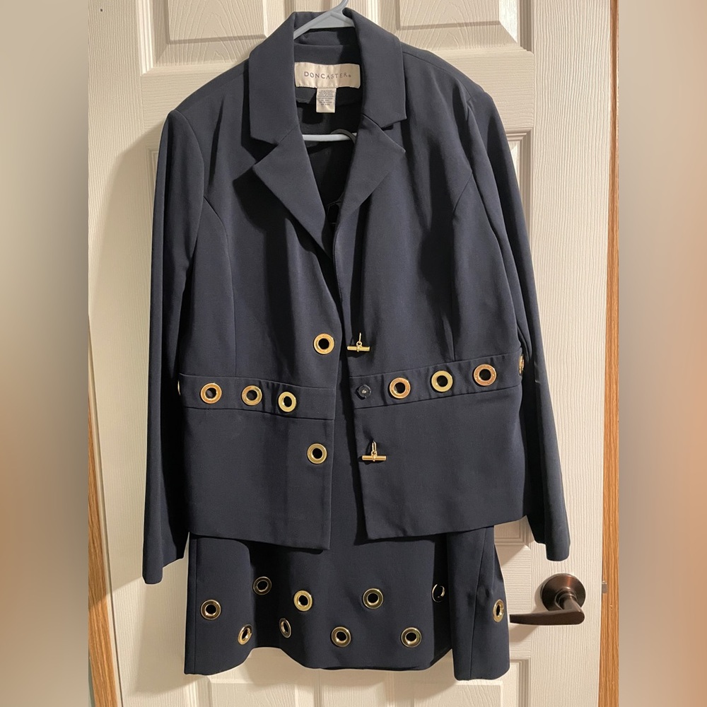 Doncaster Navy Blue Blazer & Skirt with Gold Eyelets Classy Suite Set, Sz 18